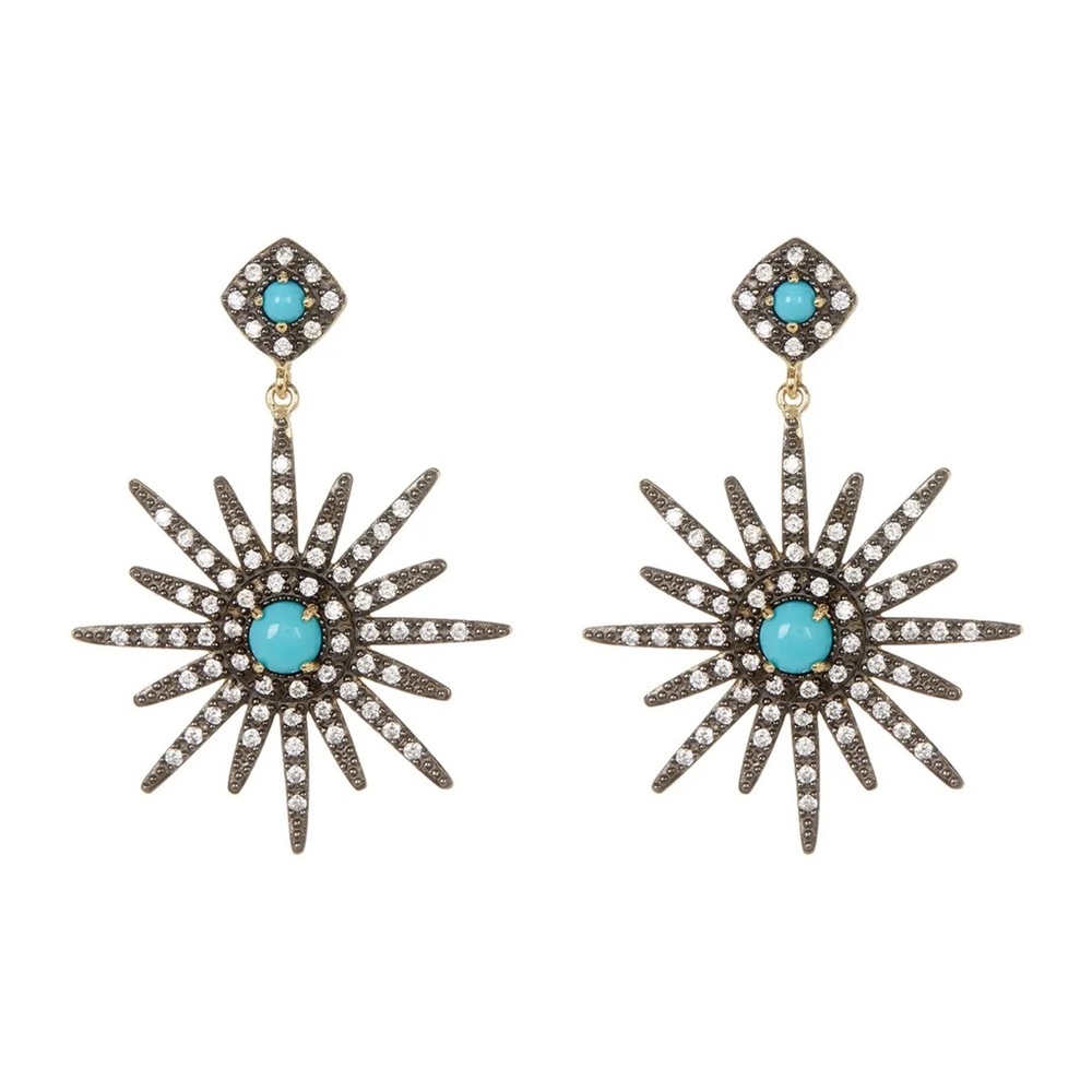ADORNIA 14K Yellow Gold Plated Turquoise & Swarovski Crystal Starburst Earrings